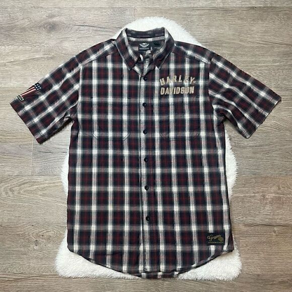 Harley Davidson Motorcycles Plaid Flannel Casual Short Sleeve Button Shirt Sz S - Picture 1 of 12